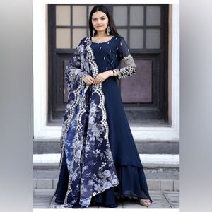 Navy Blue Faux Georgette Gown with Dupatta